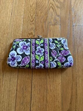 Vera Bradley Quilted Kisslock Wallet Floral Clutch Brown Purple Green Cotton